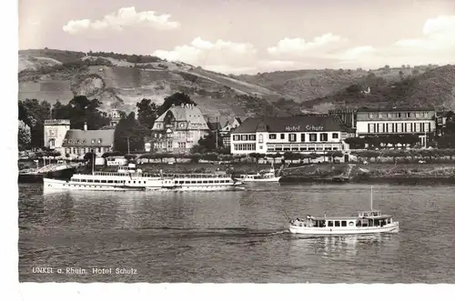 AK Unkel, Rhein, Hotel, Schulz, Löwenburg, 1961 gelaufen mit Marke