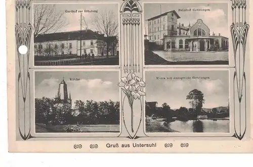 AK Gerstungen, Untersuhl, Bahnhof, Werra, Amtsgericht, Kirche, Gasthof, ca. 1910er Jahre gelaufen mit Marke