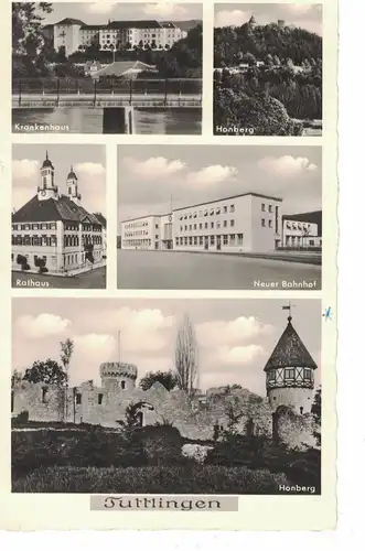 AK Tuttlingen, Neuer Bahnhof, Rathaus, Krankenhaus, Honberg, Ansichten, 1954 gelaufen mit Marke