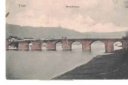 AK Trier, Moselbrücke, 1908 gelaufen mit Marke