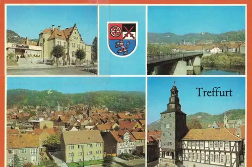 AK Treffurt, Wartburgkreis, Kaufhalle, Polytechnische Oberschule, Werrabrücke, Rathaus, Ansichten, 1990 gelaufen mit Marke