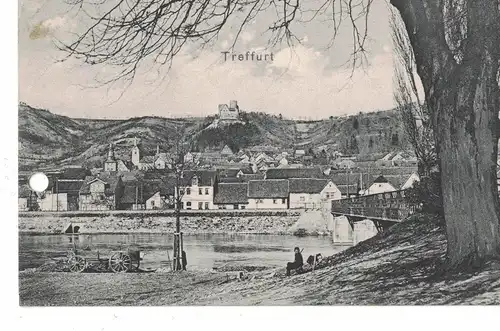 AK Treffurt, Wartburgkreis, Ansicht, Werrabrücke, Werratal, Burg Normannstein, 1922 gelaufen mit Marken