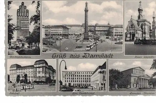 AK Darmstadt, Ansichten, Luisenplatz, Schloß, Hochzeitsturm, Russische Kapelle, Landestheater, Parkhotel, 1960 gelaufen mit Marke