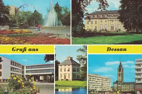 AK Dessau-Roßlau, Dessau, Ansichten, Stadtpark, Schloß Mosigkau, Bauhaus, Rathaus, Schloß Luisium, 1988 gelaufen mit Marke
