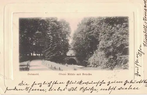 AK Detmold, Obere Mühle, Brücke, 1903 gelaufen mit Marke