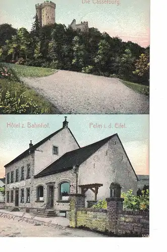 [Lithographie] AK Pelm, Eifel, Gerolstein, Vulkaneifel, Casselburg, Hotel, Bahnhof, 1918 gelaufen ohne Marke. 