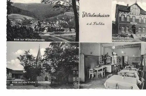 [Echtfotokarte schwarz/weiß] AK Fuldatal, Wilhelmshausen, Kassel, Fulda, Ansichten, Kirche, Gasthaus, Pension, 1958 gelaufen mit Marke und Stempel "Gast- u. Pensionshaus Fuldatal, Inh. G. Denke". 