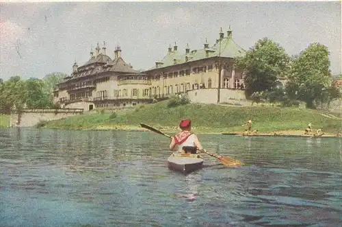 [Echtfotokarte farbig] AK Dresden, Schloß Pillnitz, 1958 gelaufen mit Marke und Sonderstempel. 