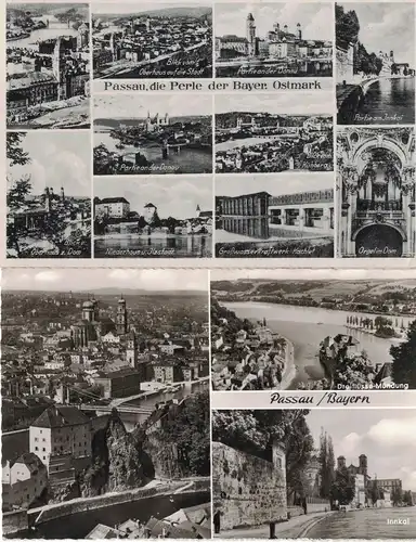 [Echtfotokarte schwarz/weiß] 2 x AK Passau, Ansichten: Perle der Bayer. Ostmark,  Donau, Orgel im Dom, Kühberg, Niederhaus, Oberhaus, Ilzstadt, Innkai, Rathaus, Dreiflüssemündung,  1940 bzw. ca. 1973 gelaufen mit Marken. 