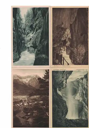 [Echtfotokarte schwarz/weiß] 5 x AK Garmisch-Partenkirchen, (davon 4x Partnachklamm, u.a. Dom mit Marienstatue, Der große Schleierfall) 1x Partenkirchen Ortsansicht, alle ca. 1900-1918 ungelaufen. 