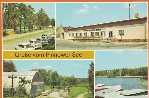 [Echtfotokarte farbig] AK Schenkendöbern, Pinnow, Pinnower See, Gaststätte "Grüner Baum", Gaststätte "Strandterrasse", Campingplatz, 1990 gelaufen mit Marke. 