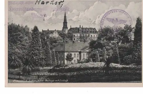 [Feldpostkarte] AK Plauen, Vogtland, Lohmühlen-Anlage, Schloss, 1943 gelaufen ohne Marke, Feldpost. 