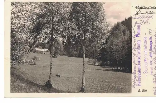 [Echtfotokarte schwarz/weiß] AK Adorf, Vogtland, Muckenmühle, Tal der zehn Mühlen, Görnitzbach, 1942 gelaufen ohne Marke, Feldpost, Sonderstempel. 