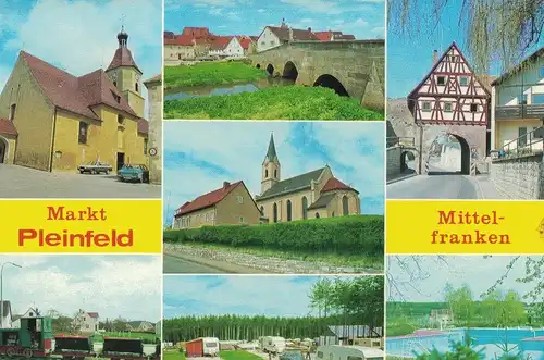 [Echtfotokarte farbig] AK Pleinfeld, Markt, Ansichten, Schwäbische Retzat, Erholungs- und Freizeitzentrum, Freibad, Sommer-Rodelbahn, Campingplatz, Kirche, Stadttor, 1993 gelaufen mit Marke. 