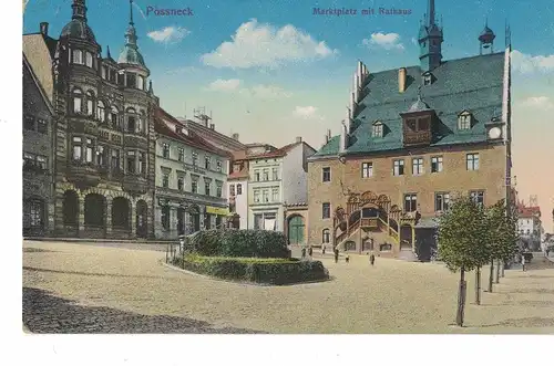 [Hand-Kolloriert] AK Pößneck, Pössneck, Marktplatz, Rathaus, 1914 gelaufen ohne Marke, Feldpost. 