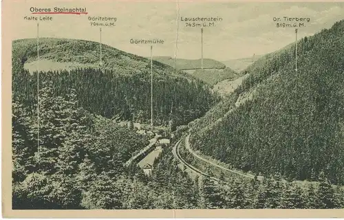 [Lithographie] AK Lauscha, Steinach, Kalte Leite, Göritzmühle, Göritzberg, Lauschenstein, Tierberg, 1926  beschriftet, gelaufen mit Marke. 