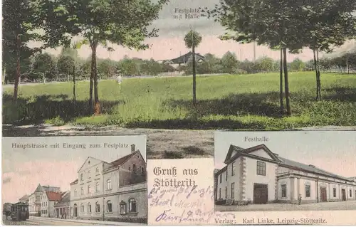 [Hand-Kolloriert] AK Leipzig, Stötteritz, Ansichten, Hauptstrasse, Festplatz, Festhalle, 1904, beschriftet, gelaufen ohne Marke. 