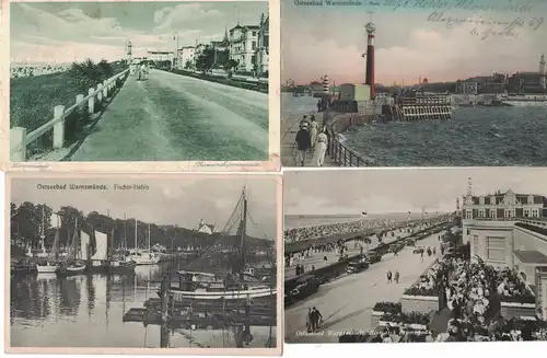 [Echtfotokarte schwarz/weiß] 7x AK Rostock, Warnemünde, Seebad, Ostseebad, Fischer-Hafen, Bismarck-Promenade, Mole, Bunte Stube, Am Strom, Alter Strom, Café Atlantic, Leuchtturm, Gaststätte Teepott, Hotel Neptun, Fährschiff Warnemünde, 2x 1917,...