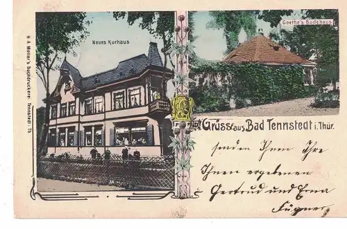 [Lithographie] AK Bad Tennstedt, Neues Kurhaus, Goethes Badehaus, 1903, beschriftet, gelaufen mit Marke. 