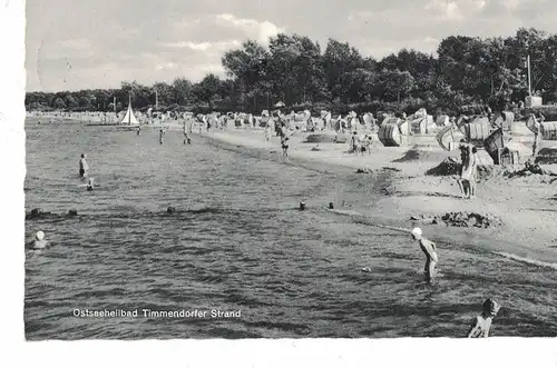 [Echtfotokarte schwarz/weiß] AK Timmendorfer Strand, Ostseeheilbad, Strand, 1957, beschriftet, gelaufen mit Marke + Sonderstempel. 