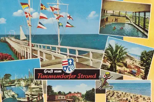 [Echtfotokarte farbig] AK Timmendorfer Strand, Ostseeheilbad, Strand, Ansichten, 1965, beschriftet, gelaufen mit Marke + Sonderstempel. 