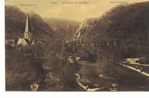 [Echtfotokarte schwarz/weiß] AK Thale, Harz, Eingang ins Bodetal, Hotel Rosstrappe, Hexentanzplatz, 1910, beschriftet, gelaufen mit Marke. 