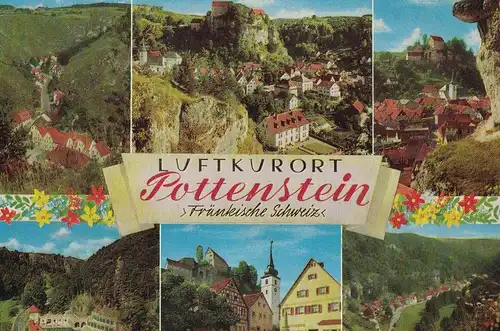 [Echtfotokarte farbig] AK Pottenstein, Oberfranken, Luftkurort, Ansichten, Burg Pottenstein, Fränkische Schweiz, 1957 beschriftet, gelaufen mit Sondermarke "Deutsche Bundespost Berlin". 