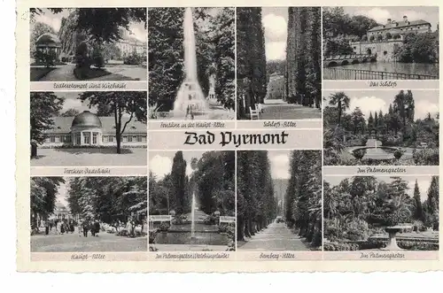 [Echtfotokarte schwarz/weiß] AK Bad Pyrmont, Schloß, Schloßallee, Kurpark, Hauptallee, Palmengarten, Ansichten, 1954, beschriftet, gelaufen mit Marke + Sonderstempel. 