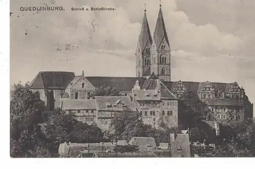 [Echtfotokarte schwarz/weiß] AK Quedlinburg, Schloss, Schlosskirche, 1915, beschriftet, gelaufen mit Marke. 