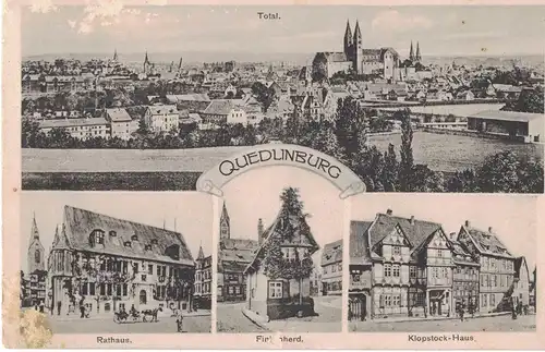 [Echtfotokarte schwarz/weiß] AK Quedlinburg, Ansichten, Rathaus, Klopstock-Haus, Finkenherd, 1913, beschriftet, gelaufen mit Marke. 