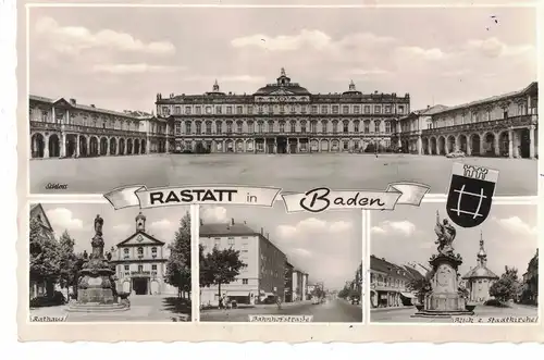 [Echtfotokarte schwarz/weiß] AK Rastatt, Baden, Bahnhofstrasse, Stadtkirche, Rathaus, Schloss, 1968, beschriftet, ohne Marke. 