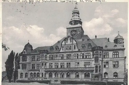 [Echtfotokarte schwarz/weiß] AK Recklinghausen, Rathaus, 1954 gelaufen, mit Marken. 