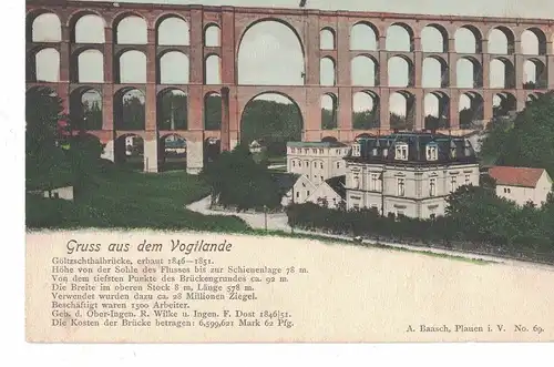 [Hand-Koloriert] AK Reichenbach, Vogtland, Göltzschtalbrücke, ca. 1900-1910er Jahre, ungelaufen, unbeschriftet. 