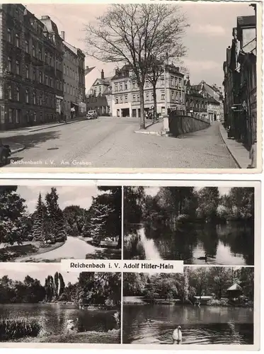 [Echtfotokarte schwarz/weiß] AK Reichenbach, Vogtland, vier Postkarten mit verschiedenen Motiven: Adolf-Hitler-Haus, Am Graben, Schöne Aussicht, Göltzschtalbrücke,alle 1940-42 gelaufen mit Marke. 