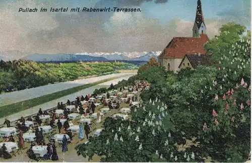 [Hand-Koloriert] AK Pullach im Isartal, Rabenwirt, Terassen, Kirchplatz, ca. 1900-1910er Jahre, unbeschriftet, ungelaufen. 