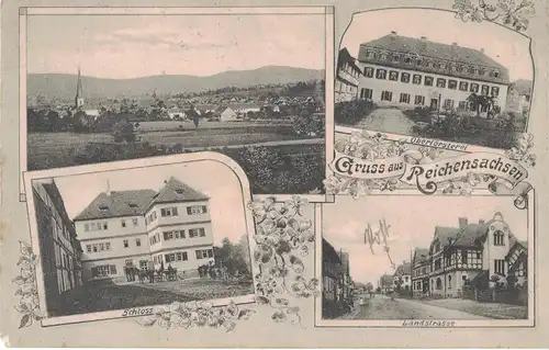 [Echtfotokarte schwarz/weiß] AK Wehretal, Reichensachsen, Oberförsterei, Schloss, Landstrasse, Ansichten, 1909 gelaufen,  mit Marke. 