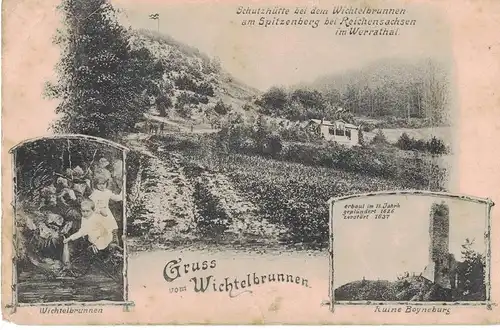 [Echtfotokarte schwarz/weiß] AK Wehretal, Reichensachsen, Wichtelbrunnen, Ruine Boyneburg, Spitzberg, Werratal,  ca. 1900-1910er Jahre gelaufen,  ohne Marke. 