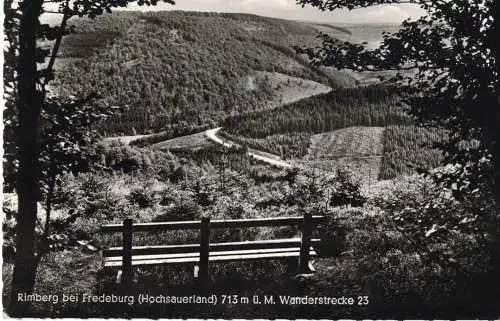 [Echtfotokarte schwarz/weiß] AK Rimberg, Bad Fredeburg, Schmallenberg, Sauerland, Hochsauerland, Wanderstrecke 23, beschriftet, ca. 1960er Jahre gelaufen mit Marke. 