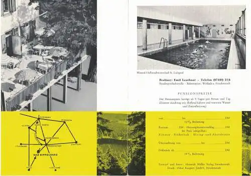 [Echtfotokarte farbig] AK Bad Rippoldsau, Hotel zum "Letzten G'Stehr", Besitzer Emil Leuthner, ADAC, Bauernstube, Mineral- u. Moorbad, Klösterle, Schwarzwald, mit Hotelprospekt, unbeschriftet, ca. 1970er Jahre, ungelaufen. 
