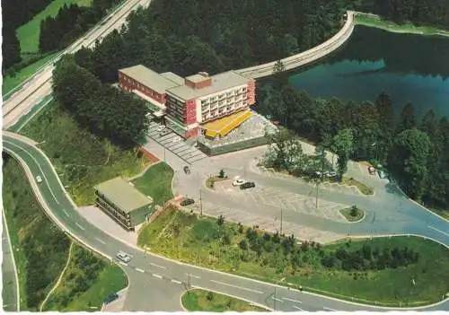 [Echtfotokarte farbig] AK Remscheid, BAB Hotel "Remscheid-Ost", Inhaber: Heinz Zellermeyer, heute: "Serways Hotel Remscheid", Luftaufnahme, unbeschriftet, ca. 1960-70er Jahre, ungelaufen. 