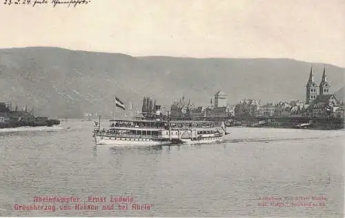 [Echtfotokarte schwarz/weiß] AK Köln-Düsseldorfer Rheinschiffahrt, Rheindampfer "Ernst Ludwig", Großherzog von Hessen und bei Rhein, beschriftet, 1924, gelaufen, ohne Marke. 