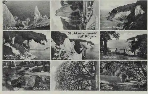 [Echtfotokarte schwarz/weiß] AK Rügen, Stubbenkammer, Wissower Klinken, Kreideküste, Opfersteine, Ceciliensicht, Herthasee, Herthabuche, Königstuhl, Gigantische Schlucht, Ansichten, 1927 gelaufen mit Marke. 