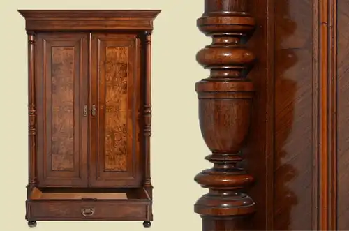 Antiker Gründerzeit Kleiderschrank Säulen & Schublade von 1880