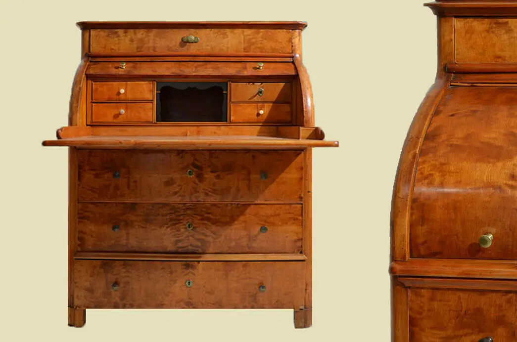 Original Antiker Biedermeier Birke Schreibtisch Zylinder Sekretär von 1820 0