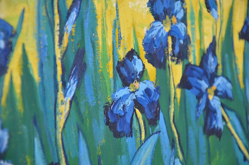 Antik Ölbild VAN GOGH Iris Schwertlilien Irises Blumen in Öl handgemalt 9