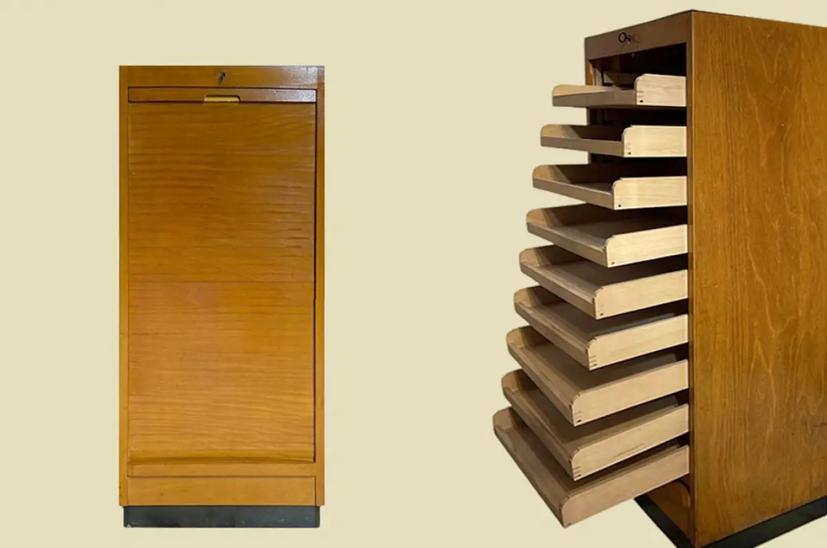 60er Jahre Vintage Teak Dansk ANTIK Büromöbel Noten Rolladen Schrank Kommode