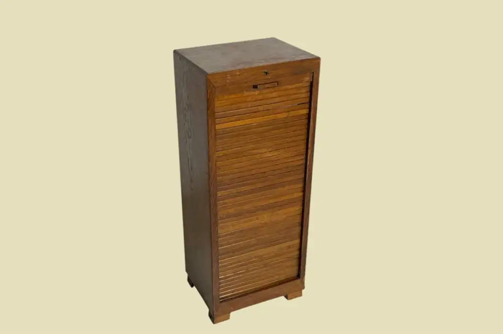 1960er Rolladen Schrank ANTIK Eiche VINTAGE Büromöbel Noten Kommode von 1960 16