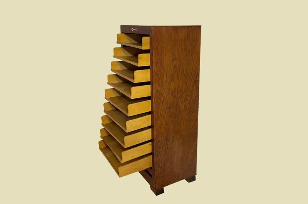 1960er Rolladen Schrank ANTIK Eiche VINTAGE Büromöbel Noten Kommode von 1960 7