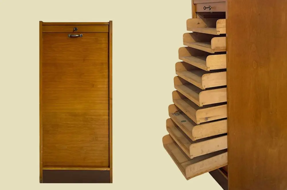 1960er Jahre Rolladenschrank ANTIK Vintage Teakholz Noten Akten Schrank Kommode 0