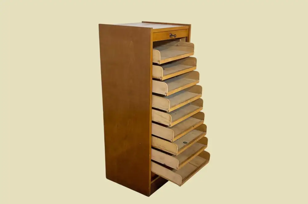 1960er Jahre Rolladenschrank ANTIK Vintage Teakholz Noten Akten Schrank Kommode 11